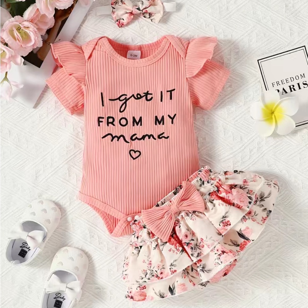 Pink 3 PCs I Got It From My Mama Onesie, Floral Shorts and Headband Set